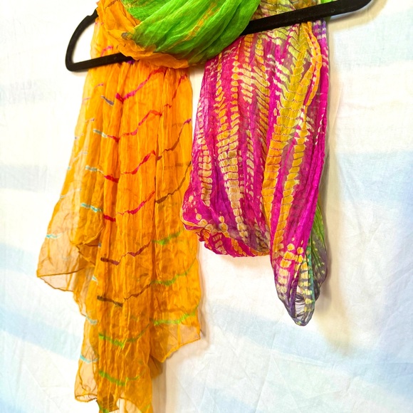 Indian 100% Silk Scarf Sari - Tie-Dye Boho Neon Rainbow Headwrap Headband - Picture 8 of 12